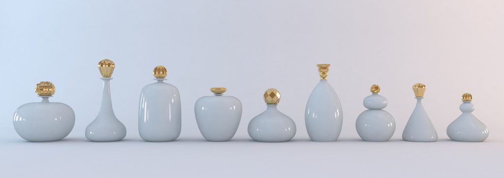 Opaline and gold bottles