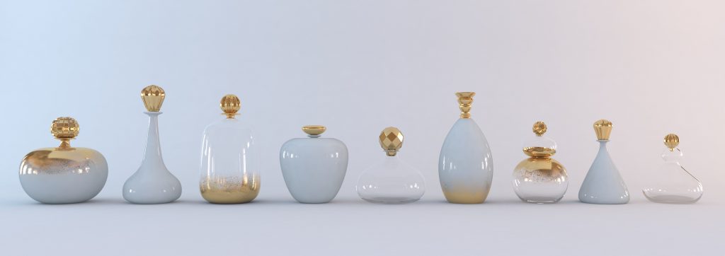 Transparent, opaline and gold bottles